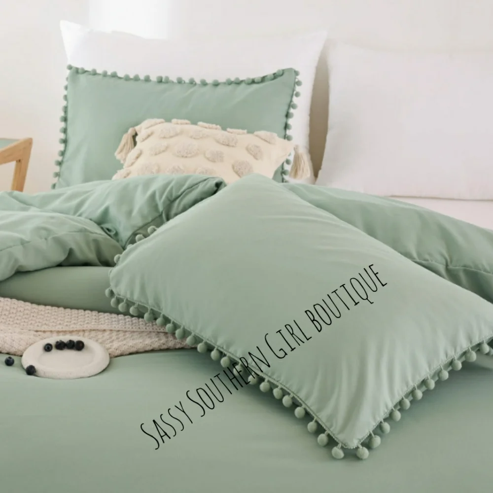 🆕⭐ Boho sage green pom pom comforter set
